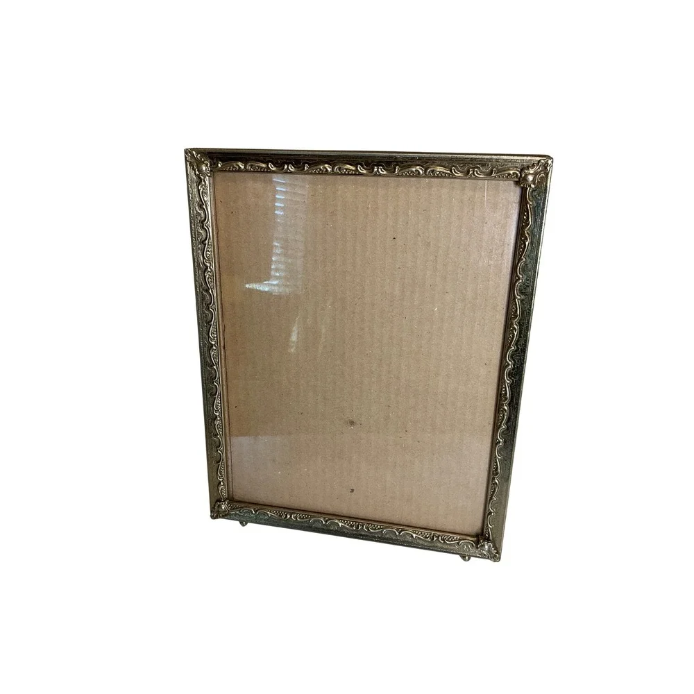 Vintage Art Deco Metal Picture Frame Gold Tone w/ Glass 8X10 Ornate Mid Century